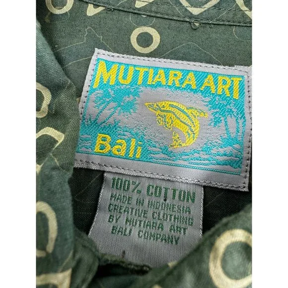 Mutiara Art Bali Men Shirt Lightweight Button Up Geometric Long Sleeve Green XL - Picture 3 of 5